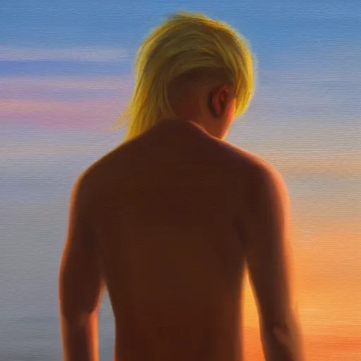 Image similar to a teen guy with a blonde mullet, portrait, sunset, ocean in distance, oil painting, pale colors, high detail, 8 k, wide angle, trending on artstation,