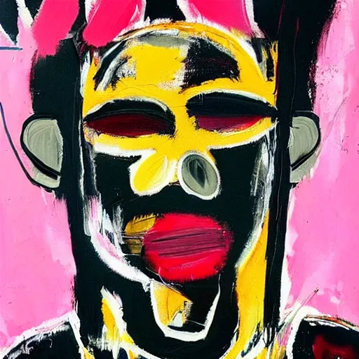 Image similar to A mirror selfie of a black handsome muscular man with white angel wings and black devil horns holding an iPhone, pitchfork, full body, pink background, abstract jean-Michel Basquiat!!!!!!!! oil painting with thick paint strokes!!!!!!!!, oil on canvas, aesthetic, y2k!!!!!!, intricately!!!!!!!! detailed artwork!!!!!!!, trending on artstation, in the style of jean-Michel Basquiat!!!!!!!!!!!!, by jean-Michel Basquiat!!!!!!!!!!!, in the style of jean-Michel Basquiat!!!!!!!!!!!, in the style of jean-Michel Basquiat!!!!!!!!!!!, in the style of jean-Michel Basquiat!!!!!!!!!!!, in the style of jean-Michel Basquiat!!!!!!!!!!!, in the style of jean-Michel Basquiat!!!!!!!!!!!