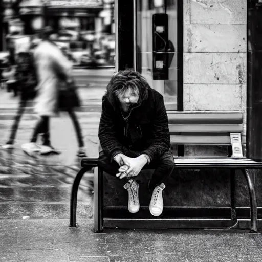 Image similar to black and white fashion photograph, highly detailed portrait of a depressed white drug dealer sitting on a bench on a busy Paris street, looking into camera, eye contact, natural light, rain, mist, lomo, fashion photography, film grain, soft vignette, sigma 85mm f/1.4 1/10 sec shutter