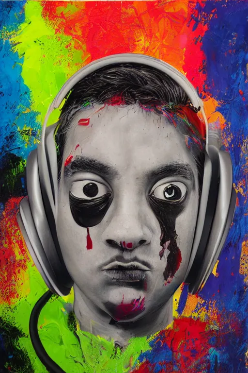 Image similar to hyperrealism surrealism acrylic painting, aerosol splashes on paper, close - up portrait of bowling ball - man with big headphones and a mime sweater art by jeff soto