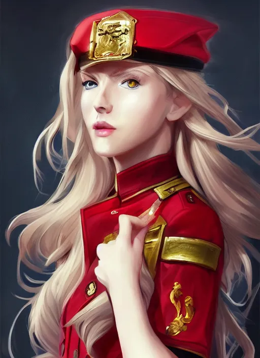 Image similar to a highly detailed illustration of beautiful long dirty blonde haired pale girl wearing red epaulette uniform, red eyes, dramatic smile pose, intricate, elegant, highly detailed, centered, digital painting, artstation, concept art, smooth, sharp focus, league of legends concept art, WLOP