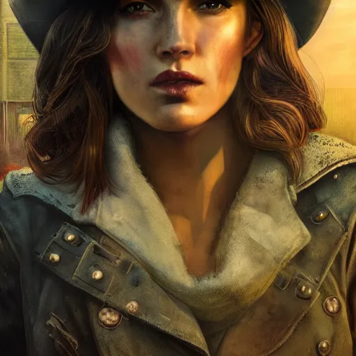 Image similar to fallout 5, charismatic beautiful, rugged, brunette female protagonist wearing a cowboy - hat, portrait, outdoors ruined cityscape, atmospheric lighting, painted, intricate, volumetric lighting, beautiful, daytime, harsh winter weather, sharp focus, cold, deep colours, ultra detailed, by leesha hannigan, ross tran, thierry doizon, kai carpenter, ignacio fernandez rios