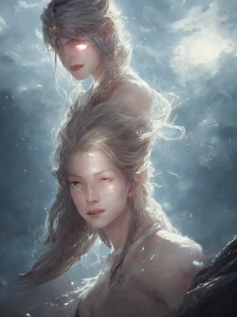 Image similar to a portrait of a beautiful hopeful lady with pretty eyes, beautiful eyes, highly detailed eyes, looking up onto the sky, light smiling, art of wlop and greg rutkowski, intricate, high details, epic fantasy art, bright light masterpiece, ray of light through white hair