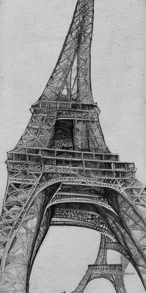 Image similar to architectural design studies of Eiffel Tower, different closeup view, drawn by Leonardo da Vinci, ancient ink draw, artistic, intricated