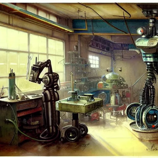 Image similar to ( ( ( ( ( 1 9 5 0 s retro boy inventors science fiction cluttered robot mechanics shop interior scene. muted colors. ) ) ) ) ) by jean - baptiste monge!!!!!!!!!!!!!!!!!!!!!!!!!!!!!!