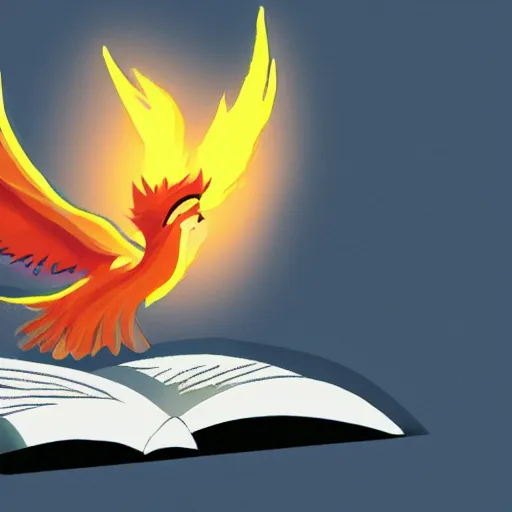 Prompt: small cute phoenix reads a book in a library raytracing