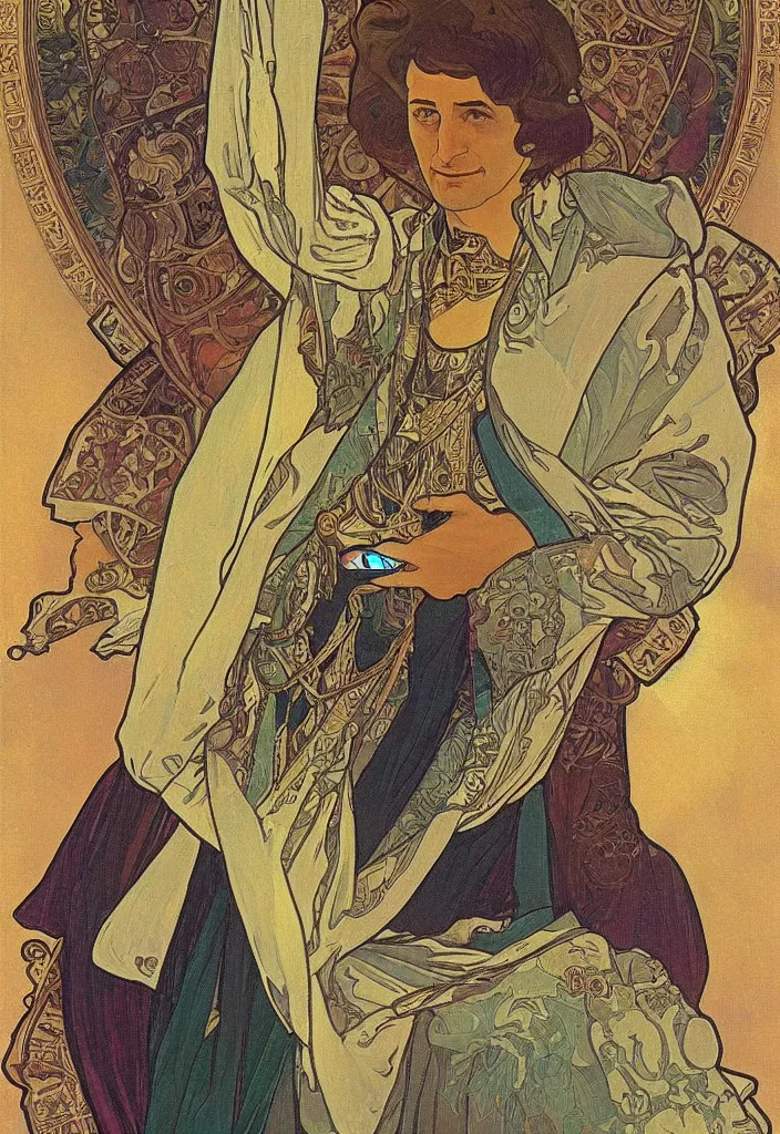 Image similar to old geoffrey hinton as the emperor on a tarot card, tarot in art style by alphonse mucha