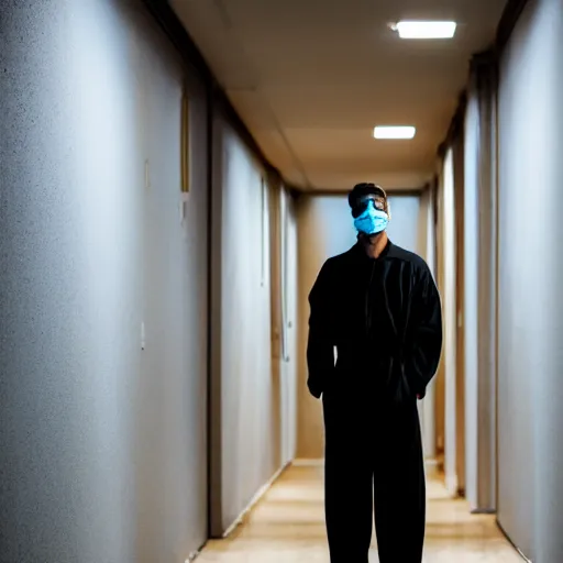 Prompt: man in jumpsuit with deformed face standing in a dimly lit hallway