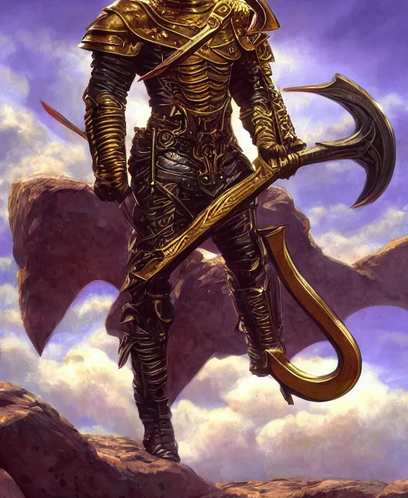 Image similar to final boss archer, fantasy, man, gilded shiny armour, contrast, highly detailed, digital painting, artstation, concept art, wallpaper, smooth, sharp focus, illustration, illumination, art by larry elmore, jeff easley, clyde waldwell, keith parkinson, daniel r horne