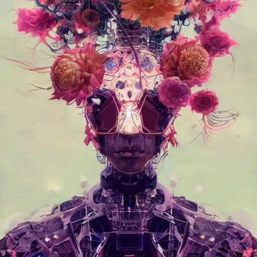 Image similar to surreal gouache painting, by yoshitaka amano, by ruan jia, by conrad roset, by kilian eng, by good smile company, detailed anime 3 d render of a mechanical android head with flowers growing out, portrait, cgsociety, artstation, modular patterned mechanical costume and headpiece, retrowave atmosphere