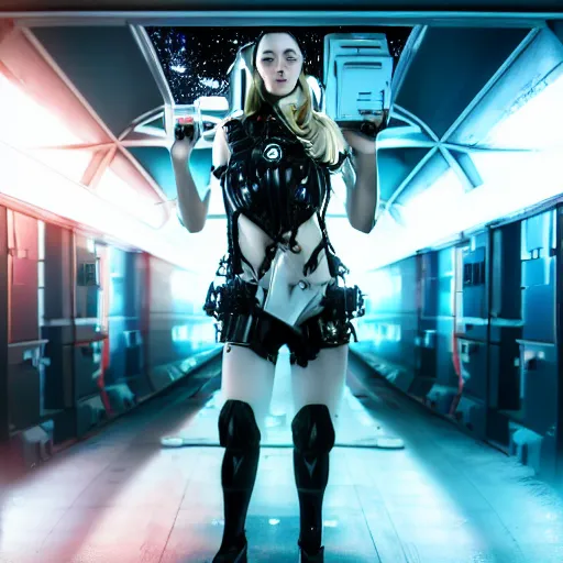 Image similar to masterpiece fully body portrait photograph of a female cyber space pirate, space station setting, dramatic lighting, 8k