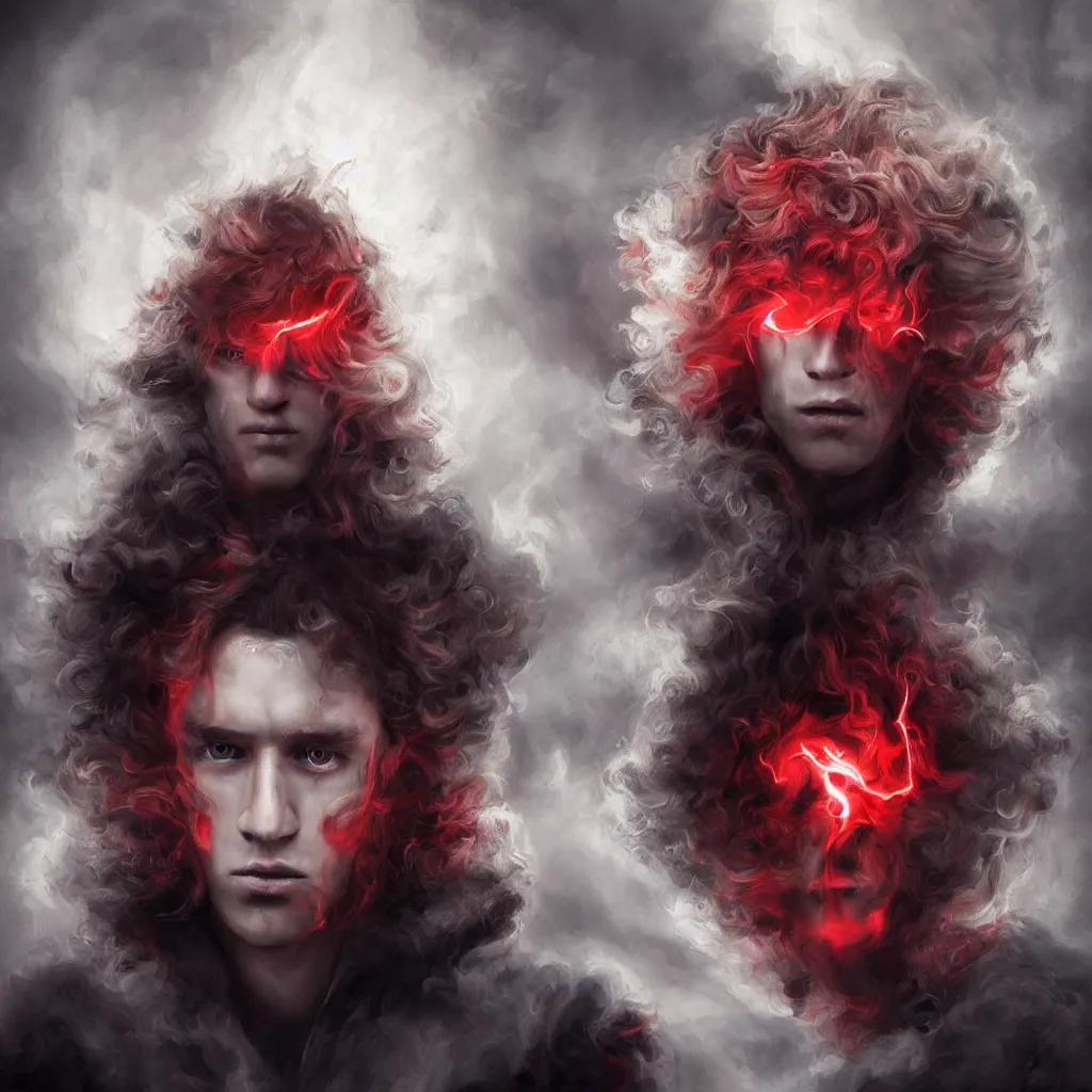 Prompt: oil painting of a pale menacing prince with fluffy blond curls of hair and piercing eyes, genetically augmented super soldier, with soft red color and black color luminous eyes, against a hellish background with vapor and a lot of smoke, darkart, hyperdetailed, hyperealistic, cinematography, 16k, 3D, Artstation, Deviantart, very beautiful