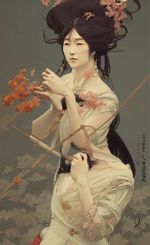 Image similar to a personification of Japan, highly detailed, digital painting, artstation, concept art, sharp focus, illustration, art by greg rutkowski and alphonse mucha