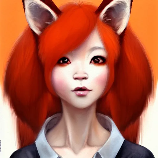 Prompt: character design portrait of a beatiful chinese anthropomorphic furry fox woman with fox ears, long orange hair, wearing a suits, looking at the camera, 4 k, concept art, by wlop, wenjun lin, watercolor, ilya kuvshinov, artgerm, krenz cushart, pixiv.