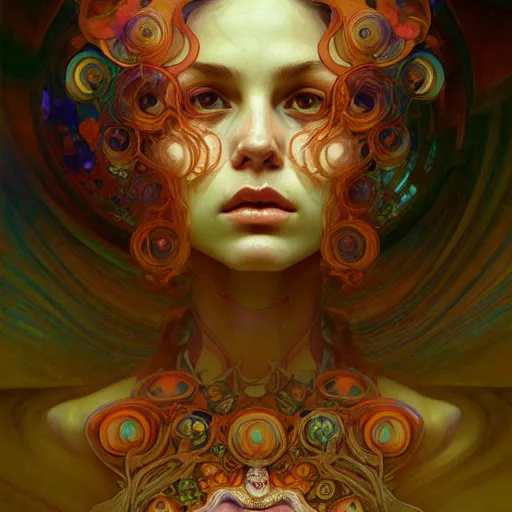 Image similar to An extremely psychedelic portrait, surreal, mushrooms, face, detailed, intricate, elegant, lithe, highly detailed, digital painting, artstation, concept art, smooth, sharp focus, illustration, art by Krenz Cushart and Artem Demura and alphonse mucha