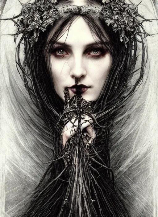 Prompt: gothic witch maiden holding a wreath and wearing a cloak, long beautiful strands of black hair, engraving, concept art, elden ring, illustration, smooth, sharp focus, by gustave dore and greg rutkowski, hyper realistic face, piercing beautiful eyes, fantasy art, in the style of midjourney, intricate, alphonse mucha, hyper detailed