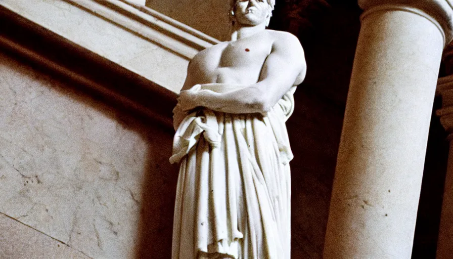 Prompt: 1 9 6 0 s movie still close - up of caligula in a white toga bleeding to death on marble stairs, cinestill 8 0 0 t 3 5 mm, high quality, heavy grain, high detail, dramatic light, anamorphic