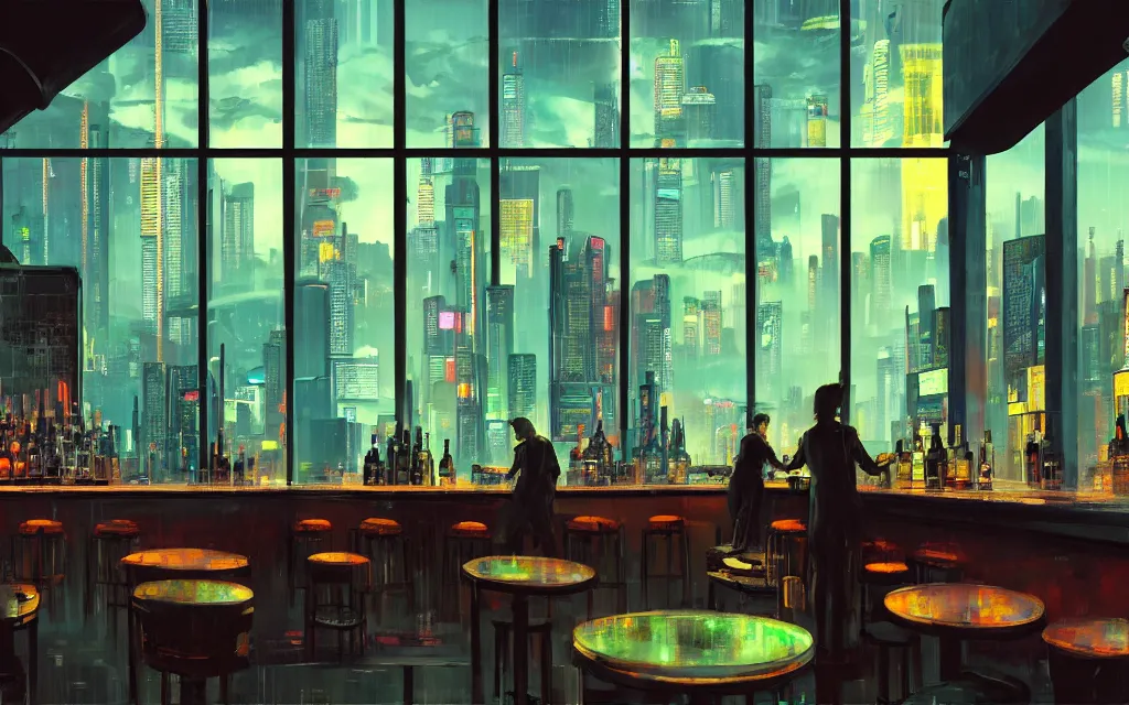 Image similar to cyberpunk loft lounge with tall windows, few people, city in background, bar counter with bartender and chairs, drawn by feng zhu, sparse plants, dim painterly lighting volumetric aquatics, impasto