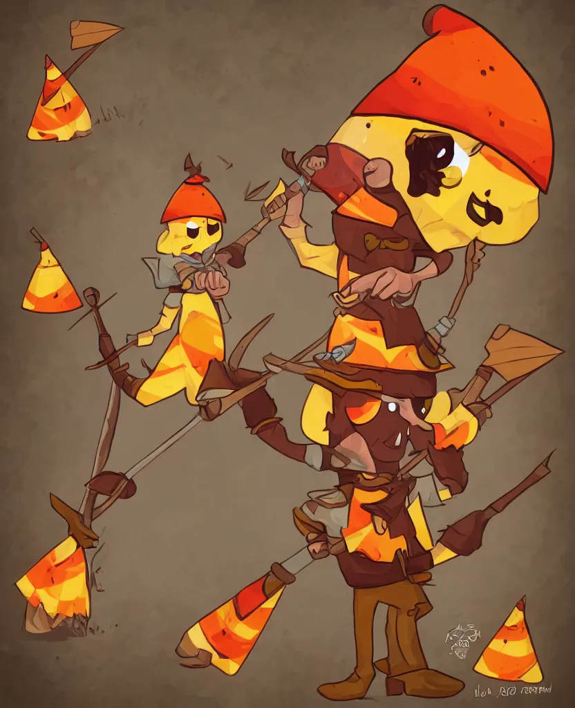 Image similar to a cartoon candy corn character holding a spear and wearing a hat, a character portrait by muggur, trending on deviantart, pop surrealism, 2 d game art, apocalypse art, by by joao artur da silva, tumblr contest winner, shock art