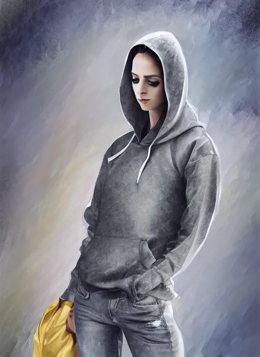 Image similar to twiggy fashion pose wearing, gray hoodie, jeans, tiara, half body shot, path traced, highly detailed, high quality, digital painting, alena aenami, leonid afremov, lilia alvarado, shinji aramaki, karol bak, alphonse mucha, tom bagshaw