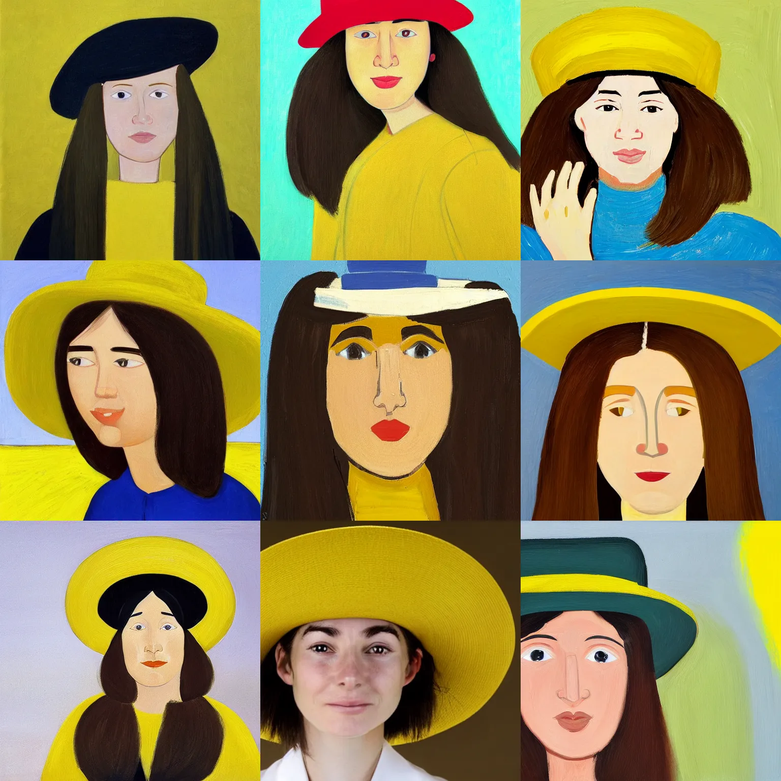 Prompt: long haired girl with hat, by alex katz, close-up, friendly facial expression, colorful, yellow background