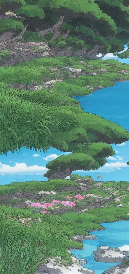 Prompt: rolling meadows next to an ocean by studio ghibli, peaceful, serene, beautiful