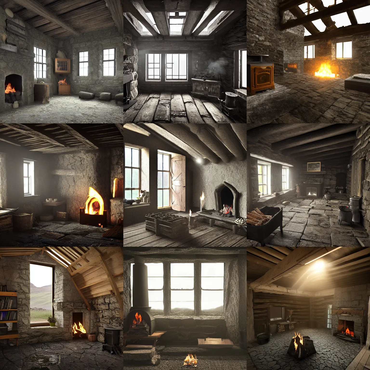 Prompt: rendering of interior of a hebrides crofter's black house dwelling in scotland, 1 8 0 0 s, cozy, open peat fire in center of room, stone floor, smoke, cabinets, wooden furtniture, low ceiling, turf roof, volumetric lighting, dark, dark, dingy, old, unreal engine render