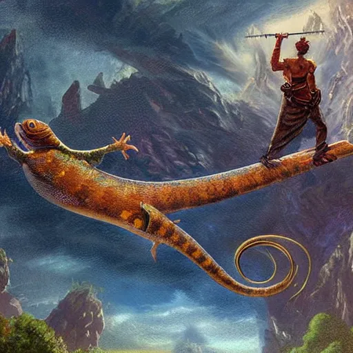 Prompt: a man rides on a gigantic Gecko, Fantasy Art