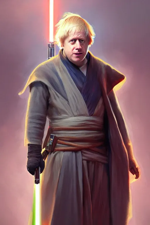 Image similar to Boris Johnson as a Jedi from Star Wars, Union Jack light saber, realistic portrait, symmetrical, highly detailed, digital painting, artstation, concept art, smooth, sharp focus, illustration, cinematic lighting, art by artgerm and greg rutkowski and alphonse mucha