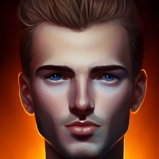 Prompt: tall man in his twenties with brown blond short quiff hair and round facial structure with cleft chin, straight eyebrows, cheekbones, lightly blue eyes, wide face, shadow of beard, atmospheric lighting, painted, intricate, 4 k, highly detailed by charlie bowater
