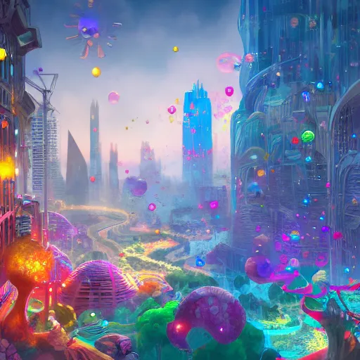 Image similar to a utopian city, filled with extremely colorful fauna, with bubbles floating around everywhere, dynamic lighting, fantasy concept art, trending on art station, stunning visuals, creative, cinematic, ultra detailed