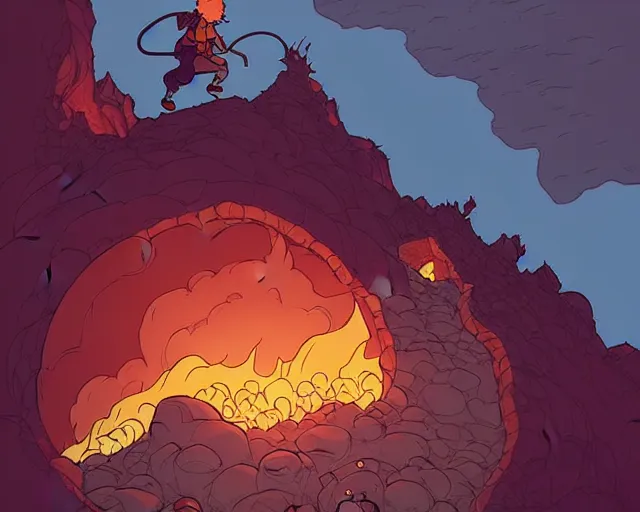 Image similar to cell shaded cartoon of a small hobbit climbing mount doom, lava on the mountain side, subtle colors, post grunge, concept art by josan gonzales and wlop, by james jean, victo ngai, david rubin, mike mignola, deviantart, art by artgem
