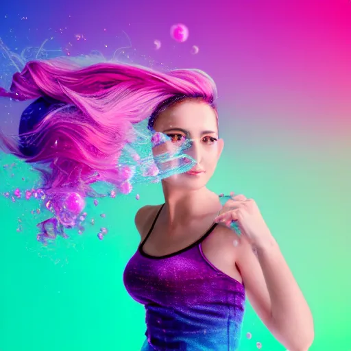 Prompt: a award winning half body portrait of a beautiful woman in a croptop with a ombre purple pink teal hairstyle with head in motion and hair flying, water bubbles, outrun, vaporware, vivid colors, highly detailed, fine detail, intricate