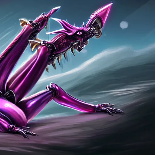 Image similar to very close up foot shot, detailed foot shot, hyperdetailed elegant beautiful stunning anthropomorphic hot mecha female dragon showing detailed sharp dragon claws close to camera, laying on beach, soft pads, sharp silver armor, fuchsia skin, feet art, warframe destiny fanart, feet art, dragon paws, furaffinity, deviantart, octane, ekasportal