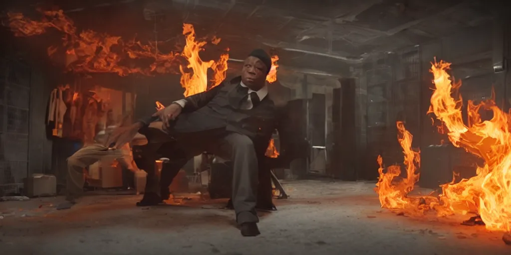 Image similar to a film still of cash money on fire while piling up in a vault, shallow depth of field, cinematic, award winning cgi, vfx, film still