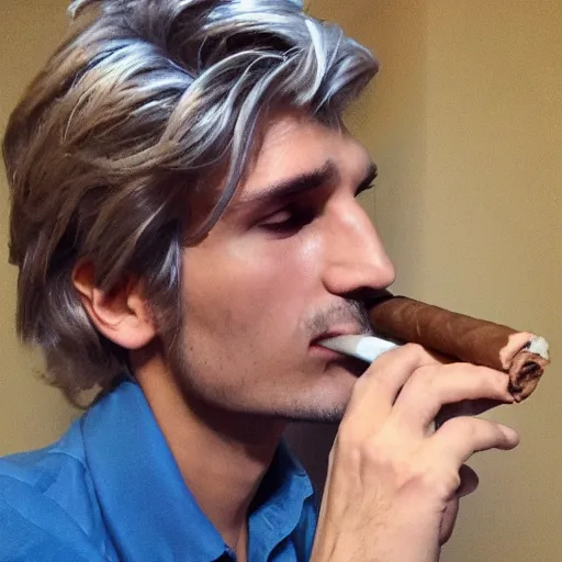 Image similar to a closeup photo of handsome gigachad xqc smoking a cigar