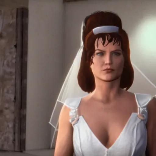 Prompt: young Lucy Lawless in a wedding dress in GTA 5.