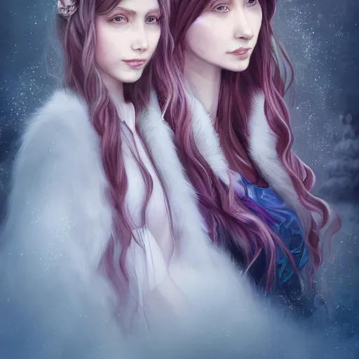 Image similar to a highly detailed portrait of sisters with purpure very very long hair, There are large snow-white peonies in the background, artstation, highly detailed, portrait, by ghilby