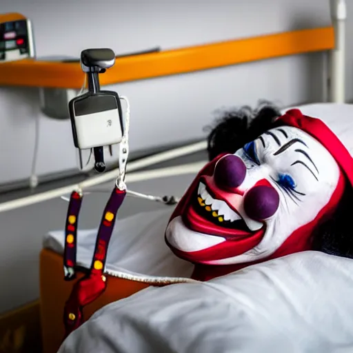 Image similar to confused laughing clown lying in hospital bed with wrist restraints on, restraints have fabric straps attached to hospital bed, photograph, 8 k