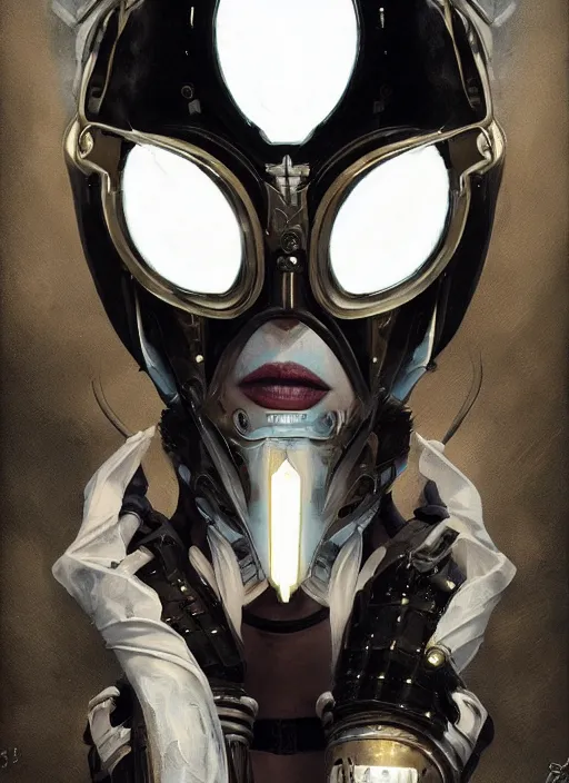 Image similar to a cyborg with mask, black leather garment with art nouveau ivory accessories, cyberpunk, darksynth, luxury, concept art by jama jurabaev, extremely detailed, ominous, ethereal, artstation, andree wallin, edvige faini, balaskas, alphonse mucha