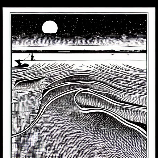 Image similar to open sea by Moebius, black and white, fine lines, hyper detailed