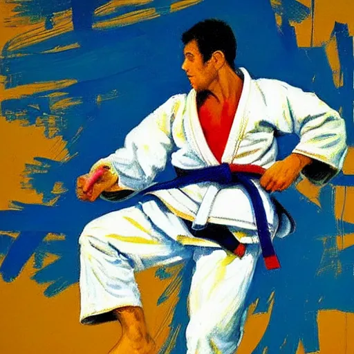 Image similar to judoka by leroy neiman, intricate, ultra detailed painting, atmospheric lighting, golden hour