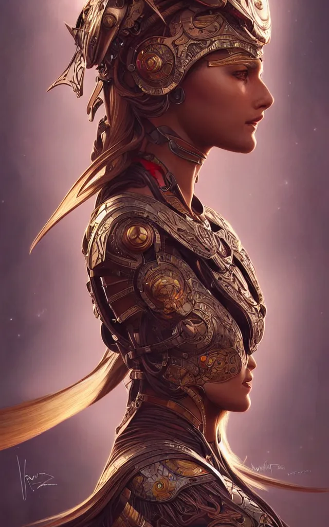 Prompt: Ultra realistic illustration, futuristic beautiful warrior woman, full head, sci-fi, fantasy, exotic, intricate, elegant, highly detailed, digital painting, artstation, concept art, smooth, sharp focus, art by Artgerm and Roberto Ferris and alphonse mucha