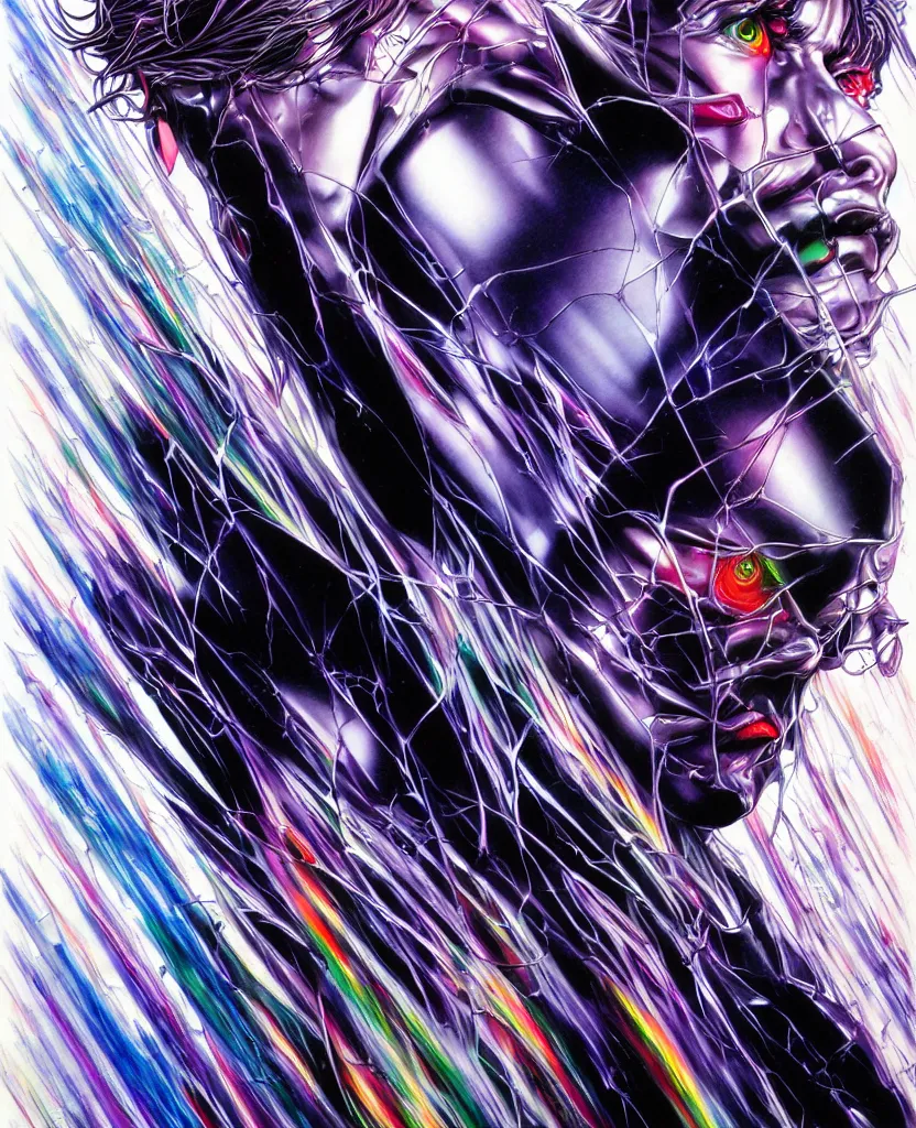 Image similar to realistic detailed image of ultra mega rainbow american psycho christian bale symmetrical depth perception masterpiece depth of field action horror gothic vivid colors art by yoshitaka amano by yukito kishiro by yoshiyuki sadamoto by artgerm by hajime sorayama