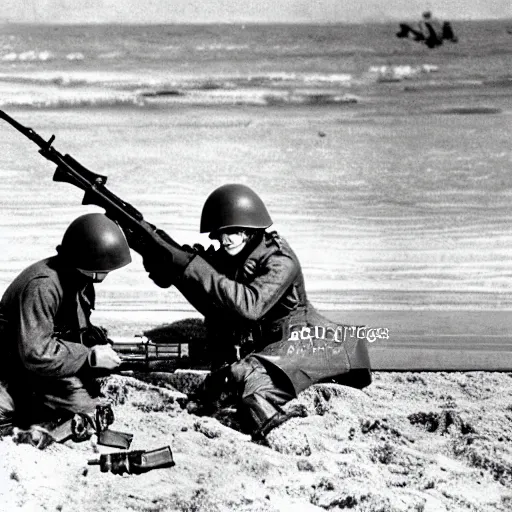 Prompt: Elmo in WWII storming the beach at Normandy shooting a rifle. Black and white newsreel