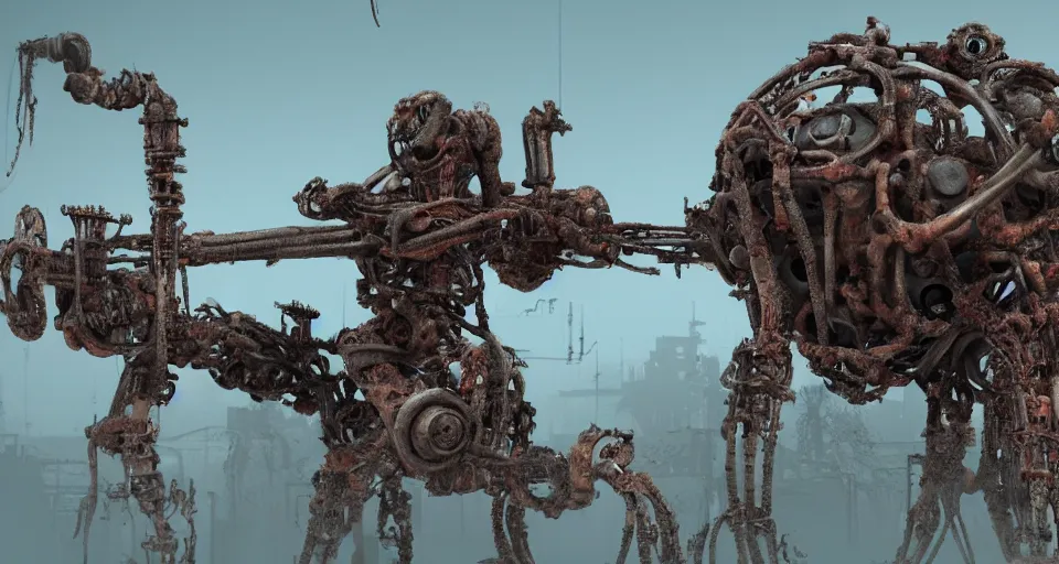 Prompt: Techno-biological rusty tank consisting of tumors, meat, veins, bones, guts, kidneys, wires. Double cannon. Biopunk, body-horror, high detail, photorealism, full length view, very rust, concept art, octane render, 16k, 8k