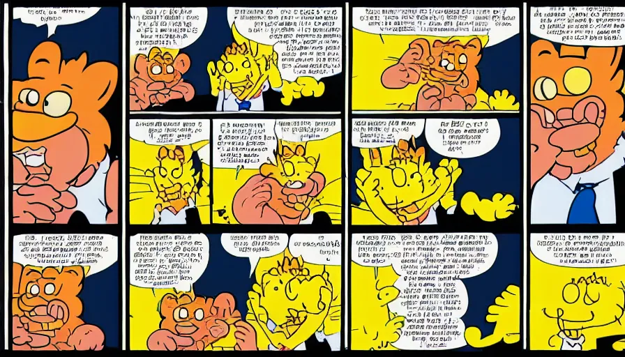 Prompt: 3 panel garfield comic by jim davis depicting charles manson slipping on a banana peel