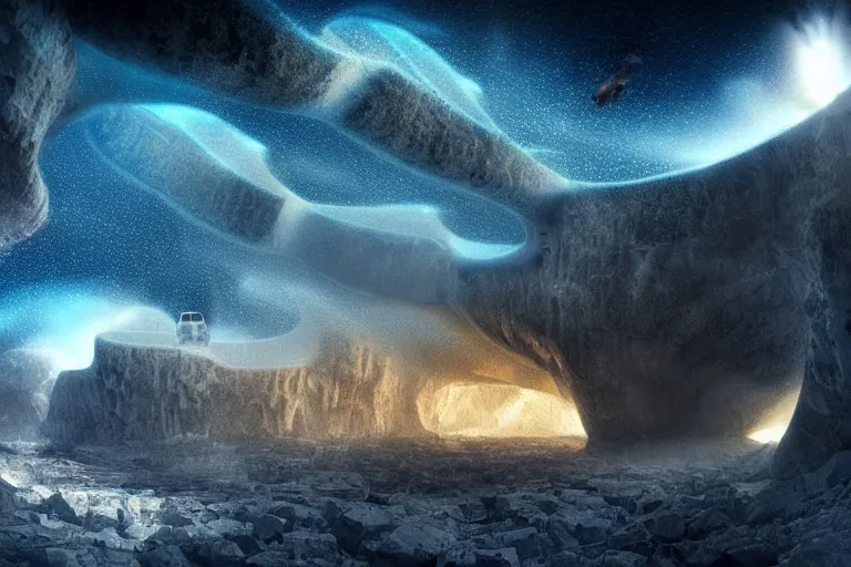 Image similar to favela spaceship cave tornado, snowy arctic environment, industrial factory, cliffs, peaks, bright, milky way, award winning art, epic dreamlike fantasy landscape, ultra realistic,