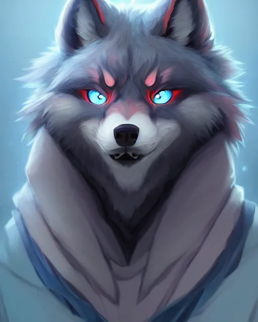 Prompt: character concept art of a dark grey anthropomorphic furry wolf with long red hair blue eyes | | cute - fine - face, pretty face, key visual, realistic shaded perfect face, fine details by stanley artgerm lau, wlop, rossdraws, james jean, andrei riabovitchev, marc simonetti, and sakimichan, artstation