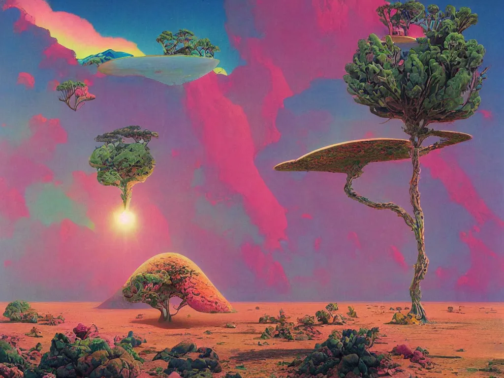 Prompt: a pink tree in a desert surrounded by an ocean on a strange planet, by bruce pennington, by sam freio, by thomas rome, by victor mosquera, juxtapoz, behance, dayglo, prismatic, iridescent